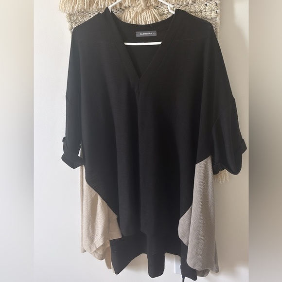 Alembika V-Neck Long Tunic Blouse Top Colorblock Black Size Medium Lagenlook - Picture 1 of 4